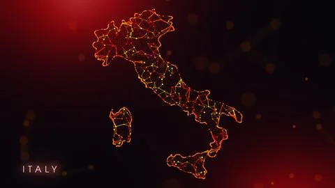 Abstract Italy Map Digital Network Background With Red And Orange Plexus Dots Illustrazione stock