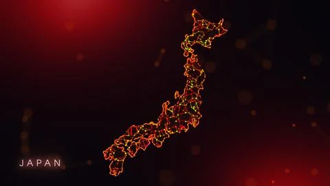 Abstract Japan Map Digital Network Background With Red And Orange Plexus Dots Illustrazione stock