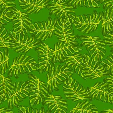 Abstract jungle seamless pattern with doodle monstera leaf elements. Green co 스톡 일러스트