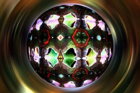 Abstract Kaleidoscope Geometric Reflection Pattern with Colorful Glowing Lights Stock Photos