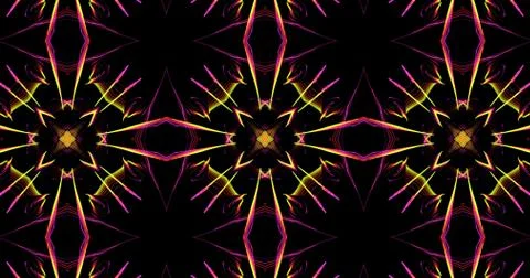 Abstract Kaleidoscope Patterns On Dark Background In Purple Green Yellow Line Ilustración de archivo