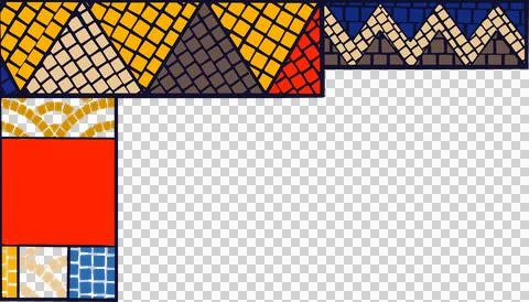 Abstract L-shaped mosaic is showcasing varied tile motifs and red square on Stockillustratie