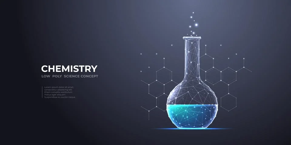 Abstract lab flask with blue liquid and chemistry molecule. Science Stock Illustration