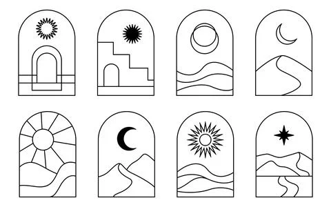 Abstract Landscape Arch Set Boho Minimal Line Art Stock Illustration