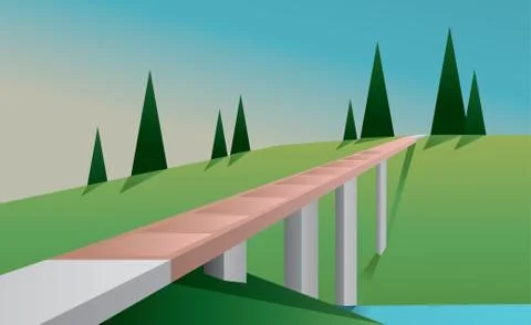 Abstract landscape with a bridge, a river, trees and green fields, flat style Illustrazione stock