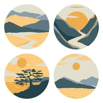 Abstract landscape emblem. Circle logotype design. Round badge. Mountain, lake Stock Illustration
