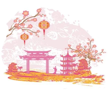Abstract landscape with Geisha Stock Illustration