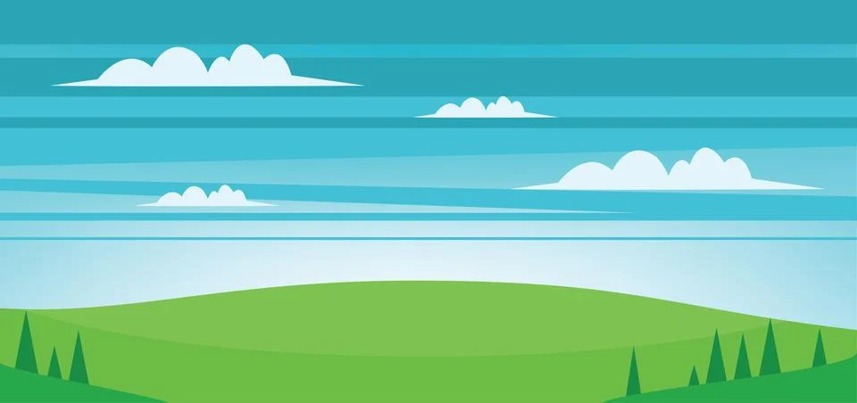 Abstract landscape with green fields, trees and clouds. Digital vector image Stock Illustration