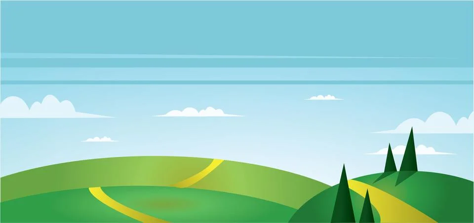 Abstract landscape with green fields, trees, paths and clouds. Digital vector Stock Illustration
