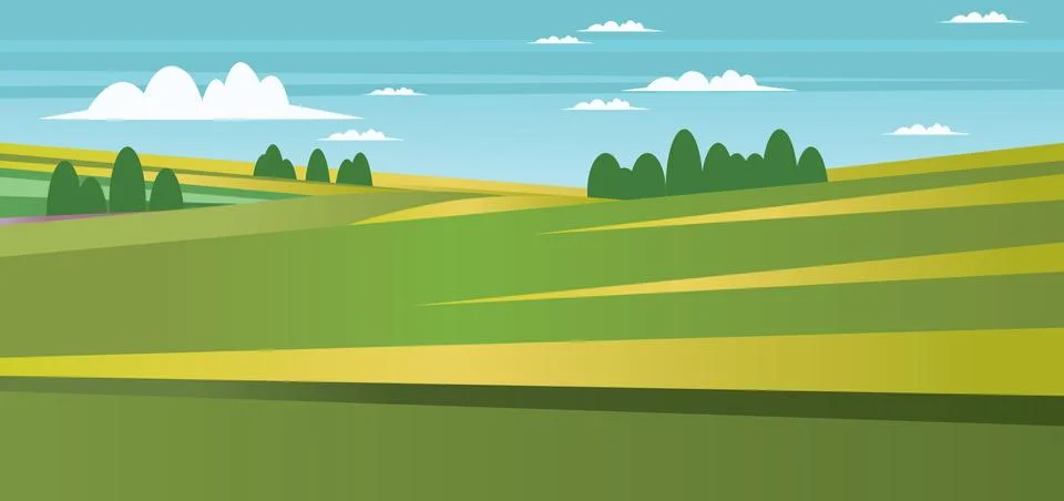 Abstract landscape with green fields, trees and clouds. Digital vector image Stock Illustration