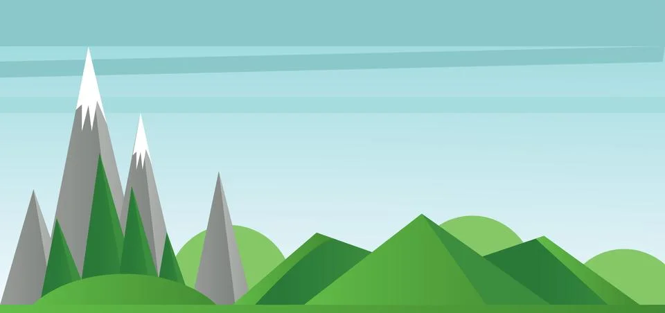 Abstract landscape with green fields, trees silver mountains with snow on top Stock Illustration