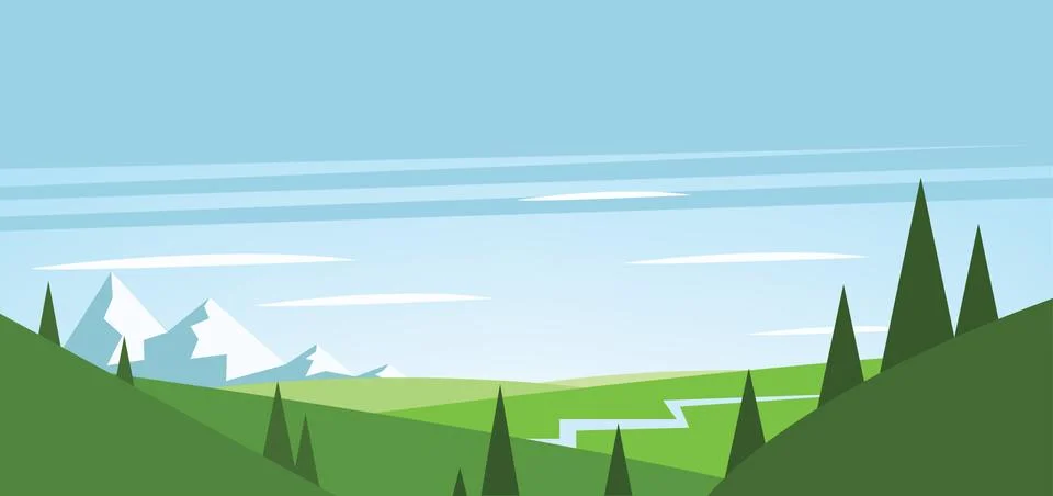 Abstract landscape with green fields, trees, river and mountains with snow. D Stock Illustration