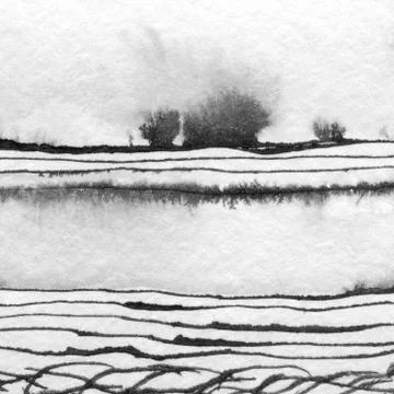 Abstract landscape ink hand drawn illustration. Black and white ink winter la Stock Illustration