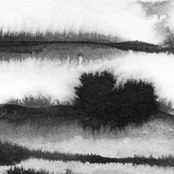 Abstract landscape ink hand drawn illustration. Black and white ink winter la Stock Illustration