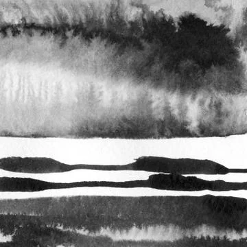 Abstract landscape ink hand drawn illustration. Black and white ink winter la Stock Illustration