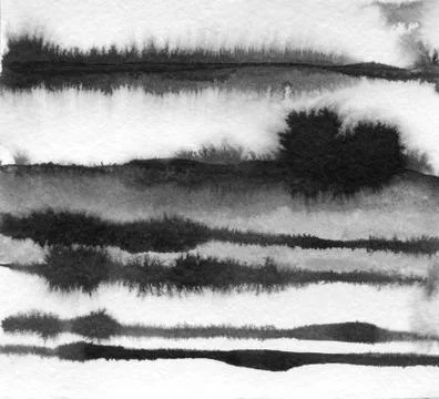 Abstract landscape ink hand drawn illustration. Black and white ink winter la Stock Illustration