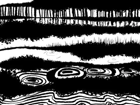 Abstract landscape ink hand drawn illustration. Black and white ink winter Stock Illustration
