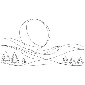Abstract landscape with large circle and pine trees Stock Illustration