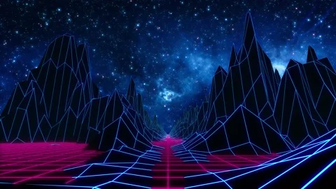Abstract Landscape Mountains Valleys Synthwave Retro With Space Nebula Sky Stock Footage 141076837