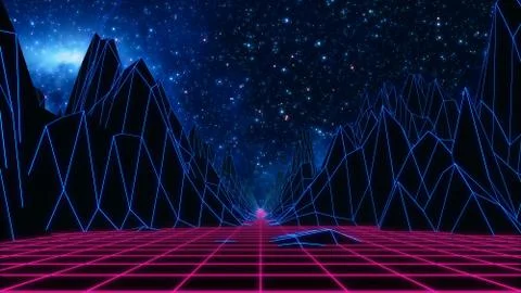 Abstract Landscape Mountains Valleys Synthwave Retro With Space Nebula Sky Stockillustratie