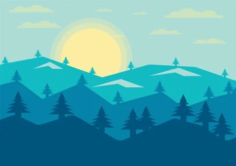 Abstract Landscape pine mountain view evening sun background,Vector llustrati Stock Illustration