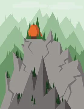 Abstract landscape with pine trees, an orange house on top of silver rocks Illustrazione stock