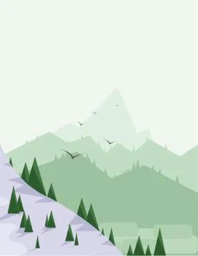Abstract landscape with pine trees, snow, birds and green hills Illustrazione stock