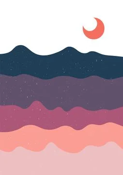 Abstract landscape poster. Boho mountain background, minimal contemporary art Stock Illustration