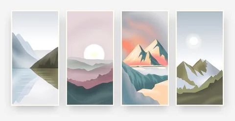 Abstract landscape posters. Modern background with mountains sunset sun and l Stock Illustration