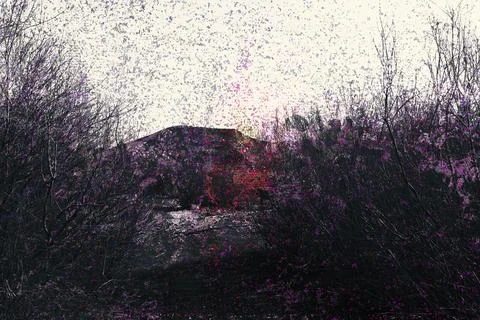 Abstract landscape rendering with heavy post-processing effects, featuring dark Stock Photos