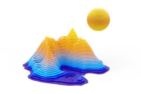 Abstract Landscape Topologic Layers Cut Style Scene with Sun, Mount and Sea.  Stock-Illustration