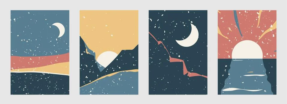 Abstract landscape vector background set in modern boho style. Contemporary イラスト素材