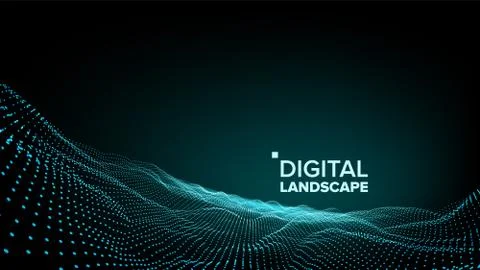 Abstract Landscape Vector. Particle Wireframe. Big Flow. Cyber Concept Illustrazione stock