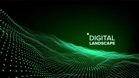 Abstract Landscape Vector. Particle Wireframe. Big Flow. Cyber Concept Stockillustratie