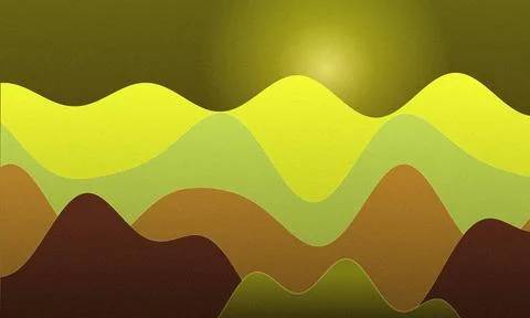 Abstract landscape with wavy layers in earthy tones and a glowing sun hills Stockillustratie