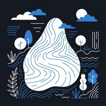 Abstract Landscape with Wavy Mountain and Minimalist Trees at Night. Stock Illustration