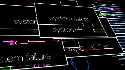 Abstract laptop screen with system damage error messages and signal noise, cyber Stock Footage 106181403