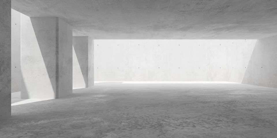 Abstract large, empty, modern concrete room, sun shadow from roof opening, .. Ilustración de archivo