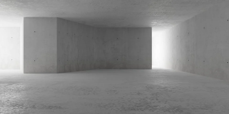 Abstract large, empty, modern concrete room with angled divider wall in the.. Stockillustratie