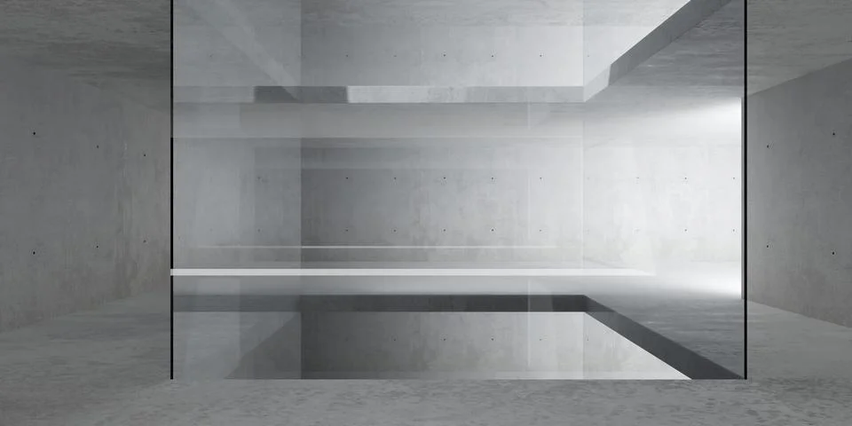 Abstract large, empty, modern concrete room with large glass covered shaft .. Ilustración de archivo