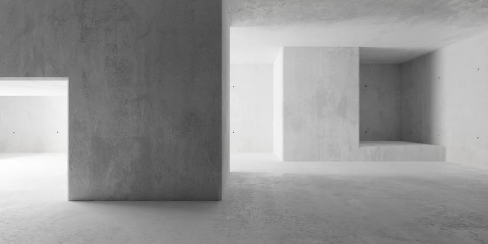 Abstract large, empty, modern concrete room with angled divider walls, indi.. Stock Illustration