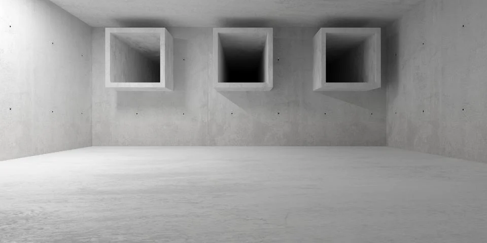 Abstract large, empty, modern concrete room with three open concrete square.. Ilustración de archivo