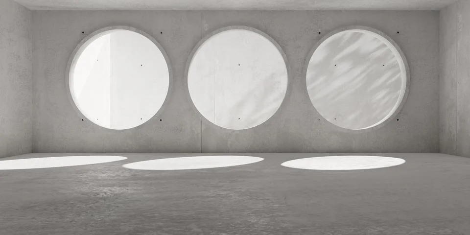 Abstract large, empty, modern concrete room with three round tube openings .. Ilustración de archivo
