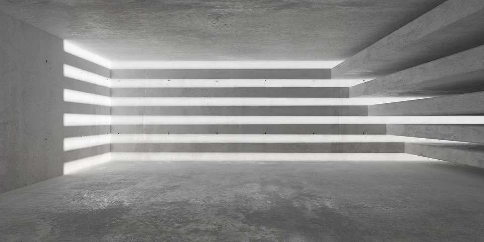 Abstract large, empty, modern concrete room with light grid thru stacked co.. Stock Illustration