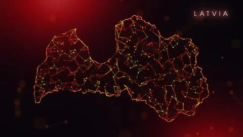 Abstract Latvia Map Digital Network Background With Red And Orange Plexus Dot Stock Illustration