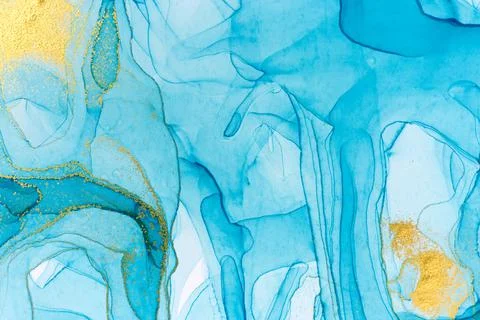 Abstract layers of blue paint background. Blue and gold watercolor pattern. Stock Illustration