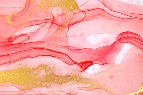 Abstract layers of red paint background. Pink and gold watercolor pattern. Stock Illustration