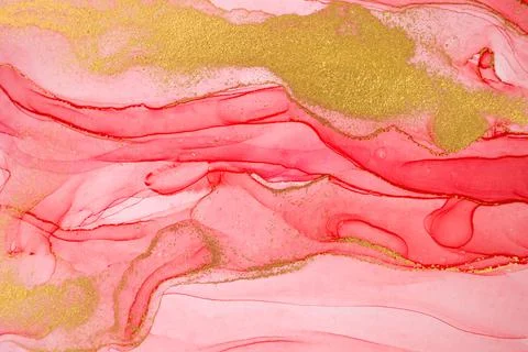 Abstract layers of red paint background. Pink and gold watercolor pattern. Stock Illustration