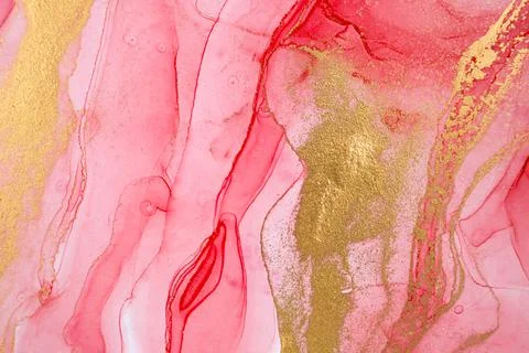 Abstract layers of red paint background. Pink and gold watercolor pattern. Stock Illustration