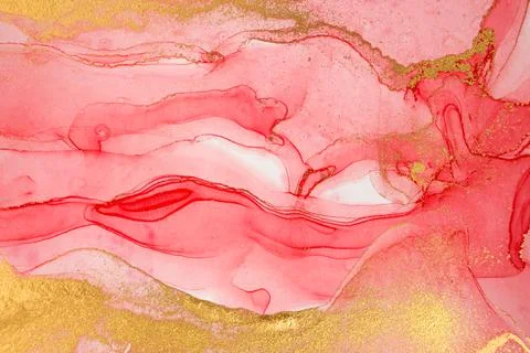 Abstract layers of red paint background. Pink and gold watercolor pattern. Stock Illustration